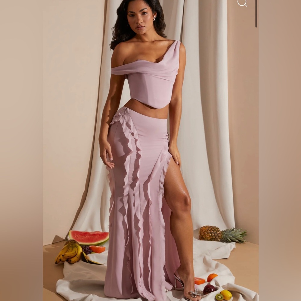 OHPOLLY MID RISE RUFFLE DETAIL MAXI SKIRT IN BLUSH